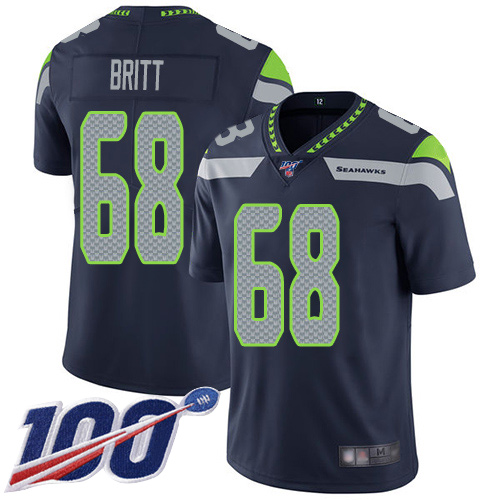 Seattle Seahawks Limited Navy Blue Men Justin Britt Home Jersey NFL Football #68 100th Season Vapor Untouchable